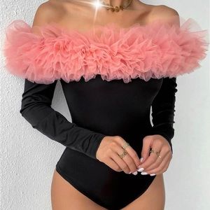 Barbie Pink Ruffled,off-shoulder bodysuit XL